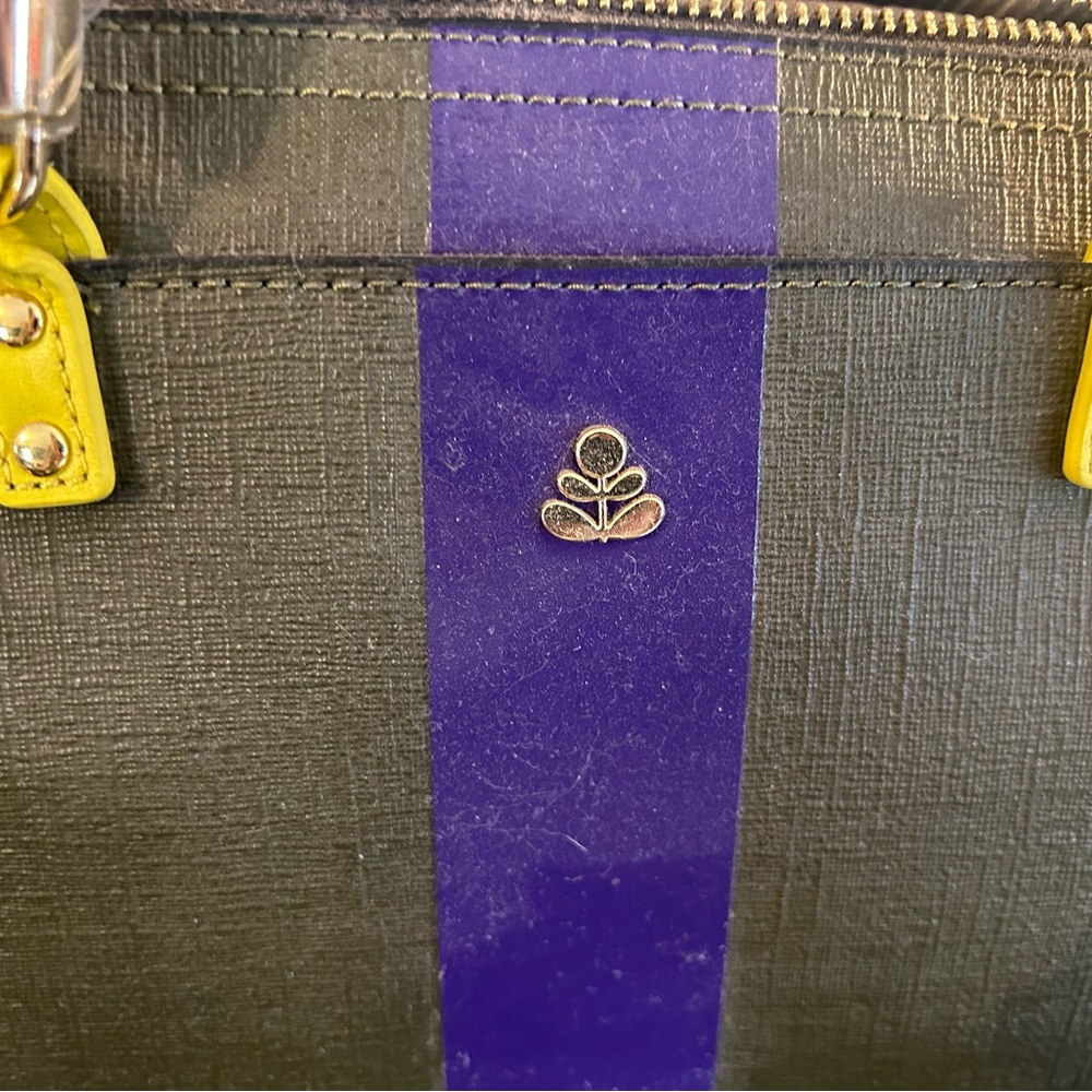 Orla Kiely Olive and Yellow Satchel with Purple Stripe - Picture 3 of 6